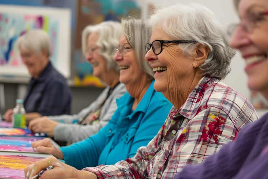 Oudere mensen lachen samen tijdens een activiteit bij Vivent Langer Thuis.