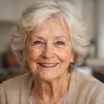 Oudere vrouw glimlachend, tevreden in haar huis.