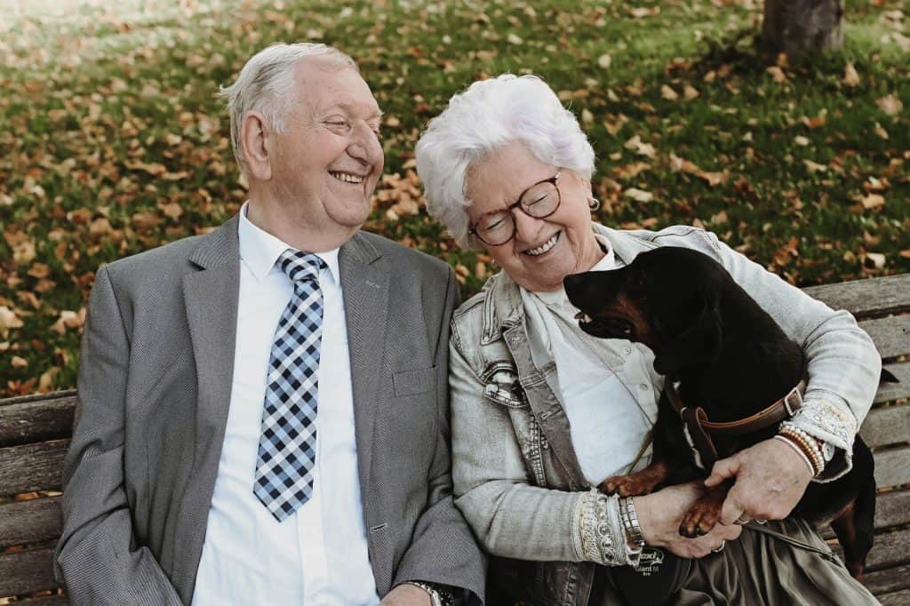 Oud stel met hond in park, zorg en comfort voor ouderen.