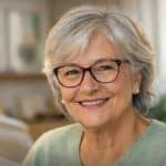 Oudere vrouw glimlachend, comfortabel in Langer Thuis zorgomgeving.