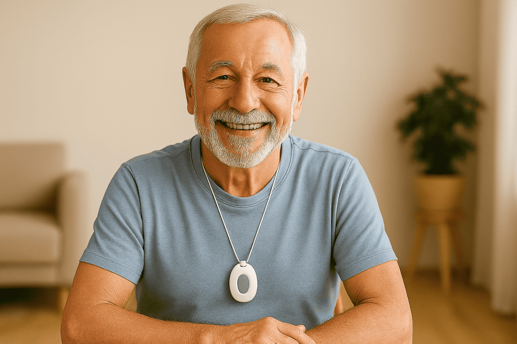 Oudere man glimlachend in woonzorgcentrum, comfortabel en gelukkig.